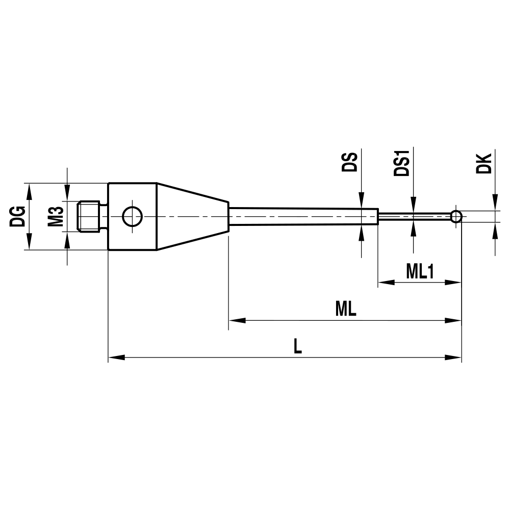 Zeichnung vom Produkt M3 Gerader Taster für ZEISS XXT; DK 0.6 mm; L 14.0 mm