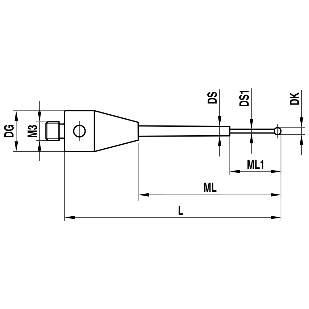 Zeichnung vom Produkt M3 Gerader Taster für ZEISS XXT; DK 0.6 mm; L 20.0 mm