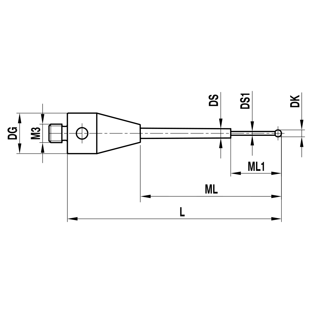 Zeichnung vom Produkt M3 Gerader Taster für ZEISS XXT; DK 0.5 mm; L 24.0 mm